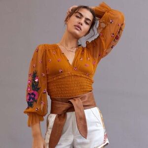 Anthropologie Smoked Burnt Orange Tulle Top